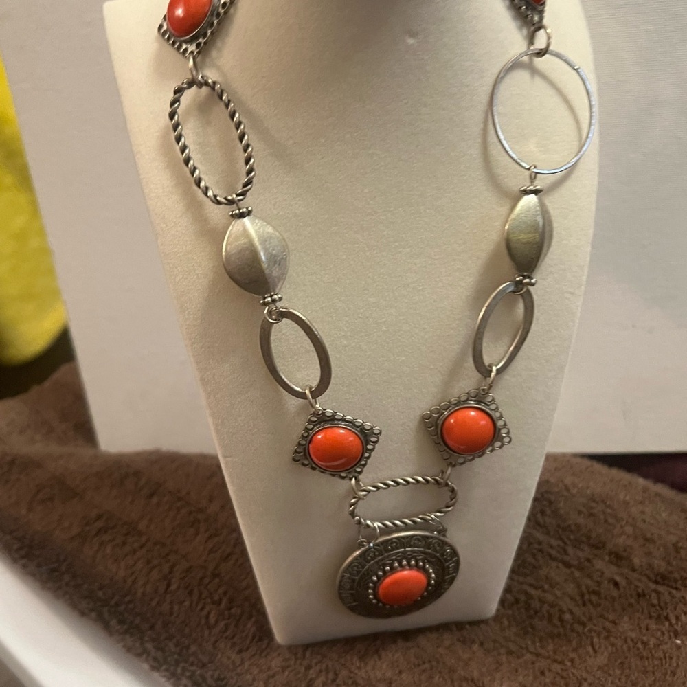 Boho Silver Tone Orange‎ Stone Statement Necklace Chunky Pendant Tribal